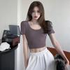 Kvinner Crop Top Firkantet Neck Slim Fit Kortermet Ensfarget Uformell Tee T-skjorte Workout Yoga Top Base Shirt