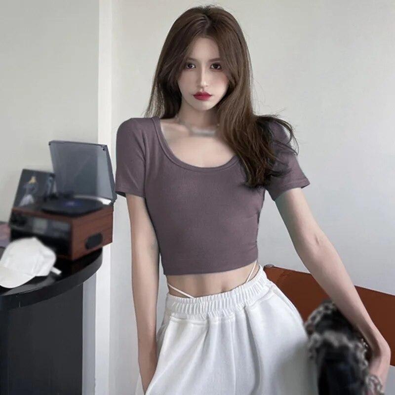 Kvinner Crop Top Firkantet Neck Slim Fit Kortermet Ensfarget Uformell Tee T-skjorte Workout Yoga Top Base Shirt
