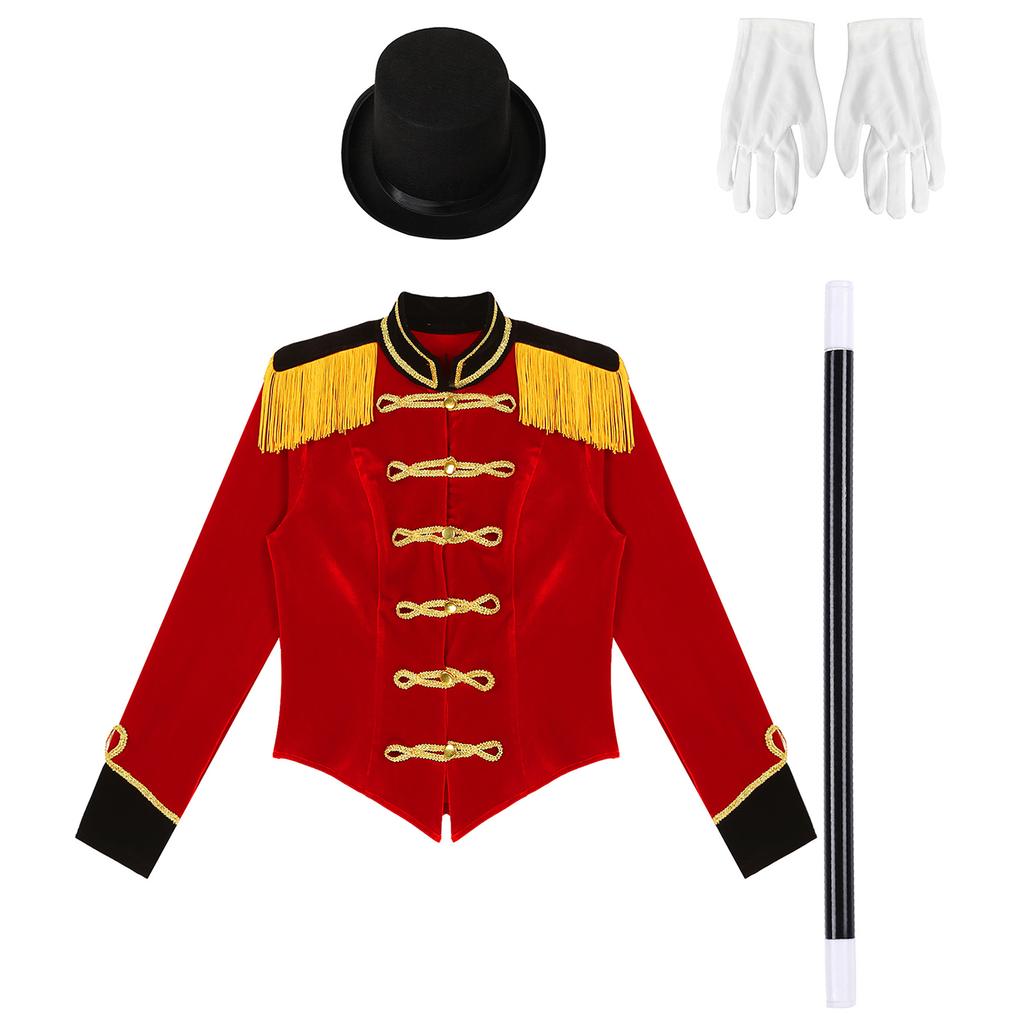 S-3XL Women's Complete Ringmaster Costume Set: Long Sleeve Fringe Shoulder Jacket with Hat, Gloves & Wand for Halloween Stage