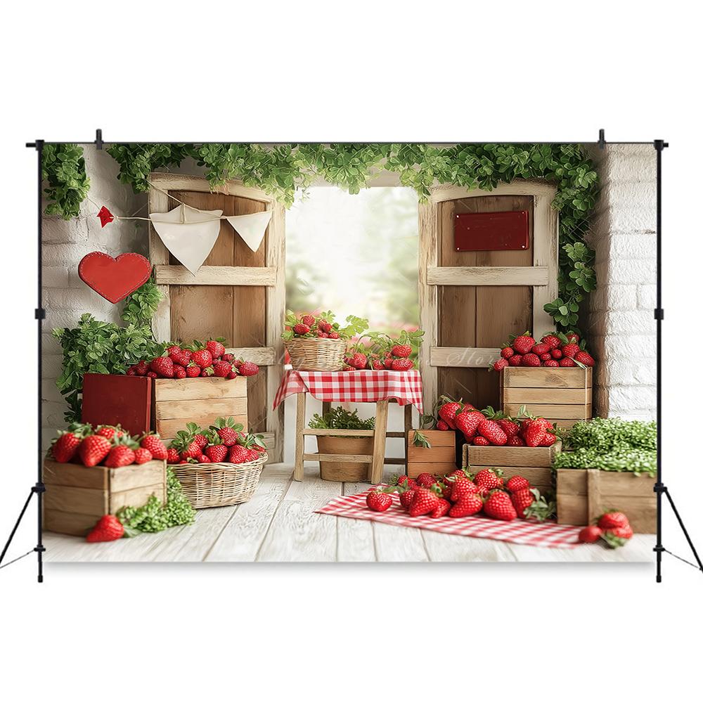 Rural Barn Door Strawberry Themed Birthday Party Background, Children's Birthday Party Decoration Photography Studio Background