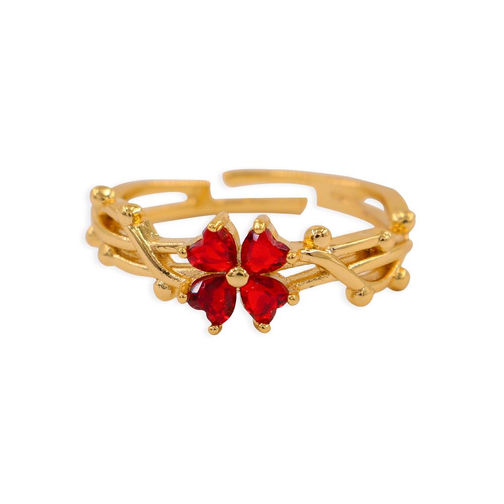 Douyin Lucky Four-Leaf Clover Red Heart Zircon Adjustable Copper Ring One Size