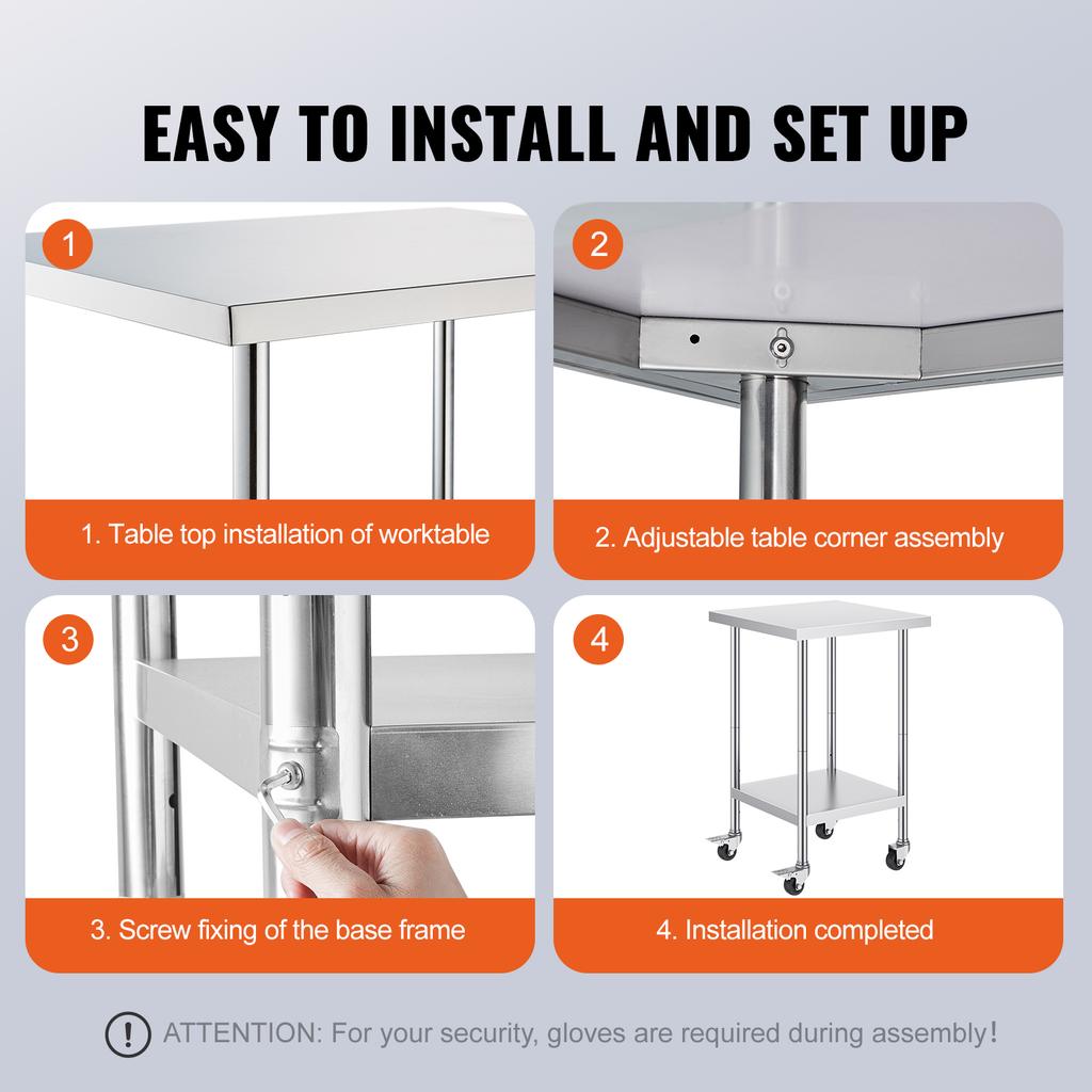 SucceBuy Stainless Steel Work Table with 4 Wheels 3 Adjustable Height Levels Heavy Duty Food Prep Worktable for Commercial Kitch