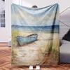 Blue Boat On Beach Themed Blanket - Comfortable Flannel Fabric Hypoallergenic Suitable for All Seasons - Ideal for Sofas Naps Air-