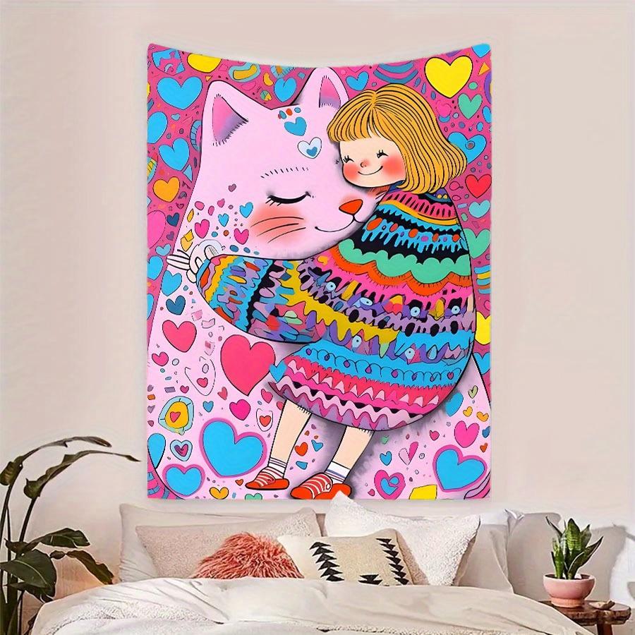 

Cuddly Cat and Girl Tapestry Colorful Heart Wall Art for Bedroom or Living Room Large Decorative Hanging Add Whimsical Charm 74x94cm(29x37in)