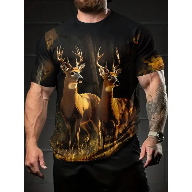 Men's Deer Print T-shirt Sports Short Sleeved Crew Neck T-shirt for Summer Outdoor Fitness Workout Men's Clothing