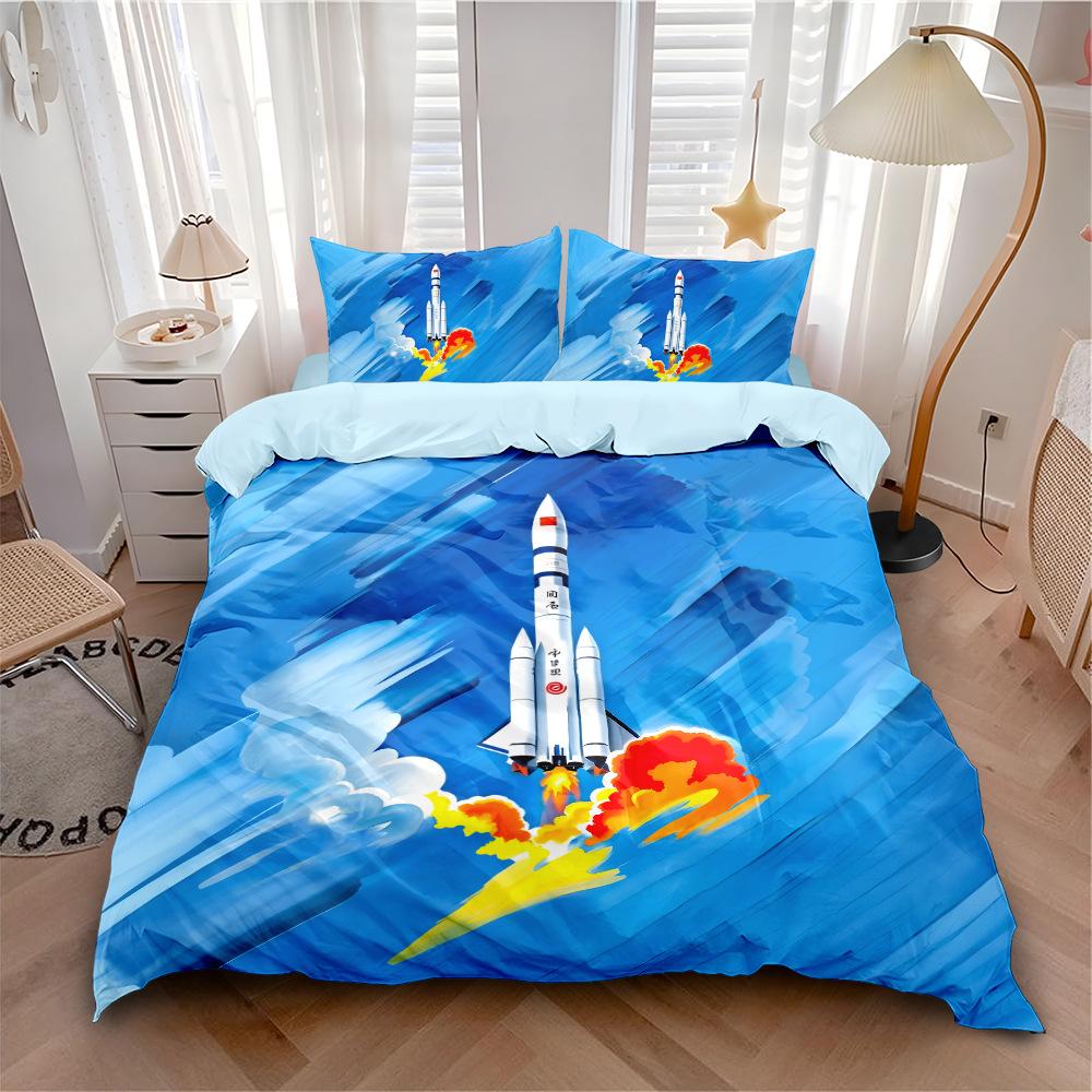 Space Rocket Print Comforter Cover Set Single Size Cartoon Duvet Cover Bedspread Cover Bedding Collection 2Pcs For Boys Bedroom