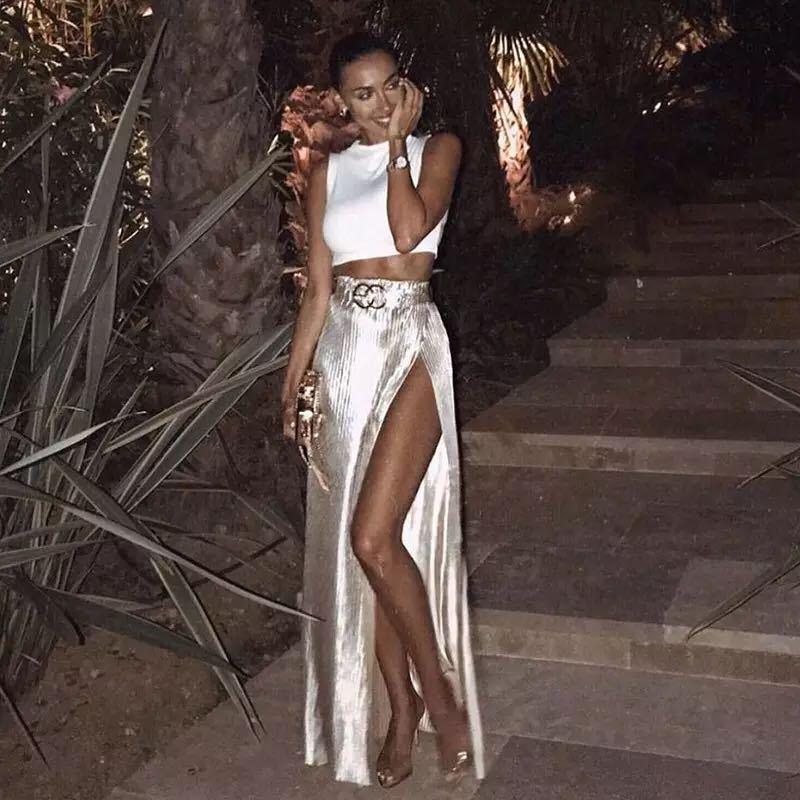 

Элегантная европейская и американская облегающая миди-юбка в рубчик с высоким разрезом, женская модная длинная юбка S белый