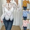 Autumn New Style Sexy Hollow Lace Trim Stand Collar Bell Sleeve Breathable Knit Lace Blouse
