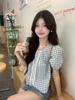 French sweet lace bubble short-sleeved shirt women's summer small fresh retro plaid shirt loose top