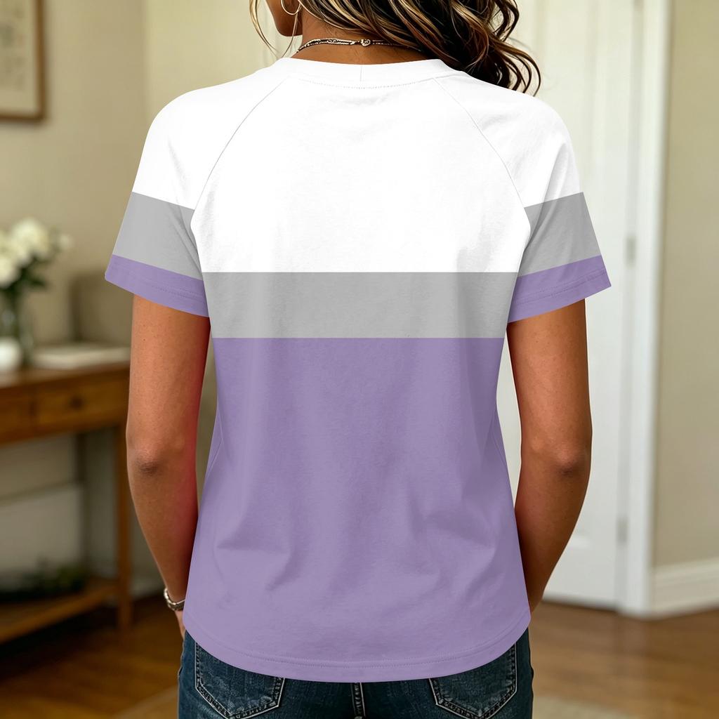Women's Fashion Raglan Sleeve Crew Neck Casual Colorblock Print Short Sleeve Top Lightweight Soft Fabric Comfortable Fit