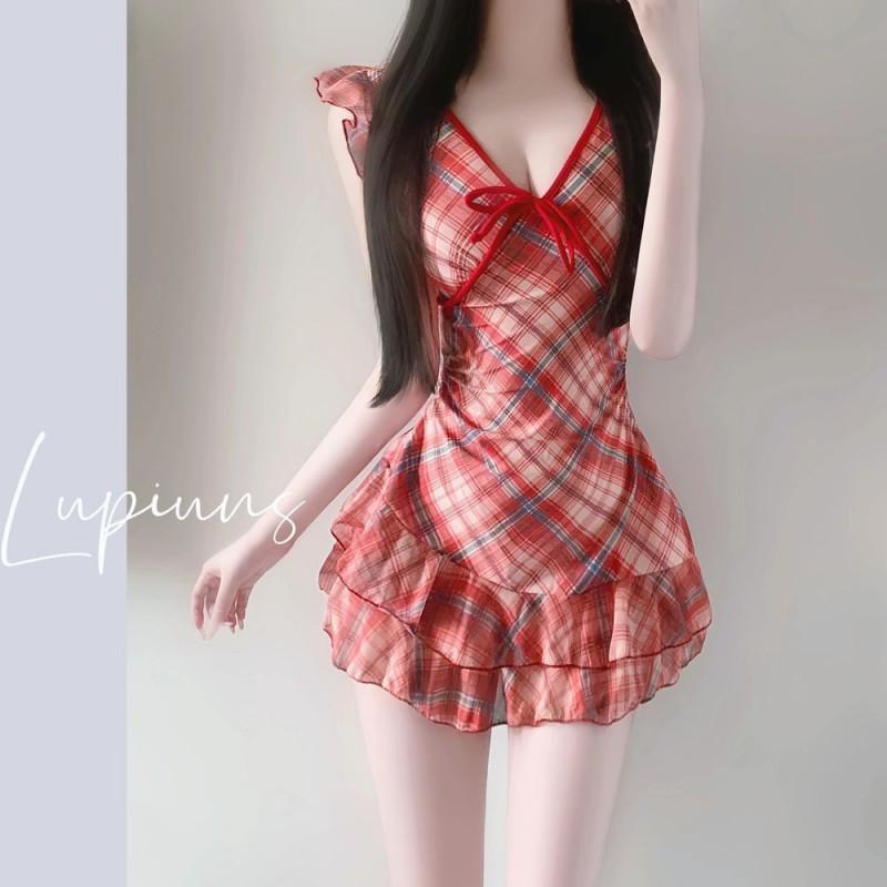 

One-piece Swimsuit Women s High-quality Plaid Style Conservative Beautiful Vacation Seaside Beach Boxer M