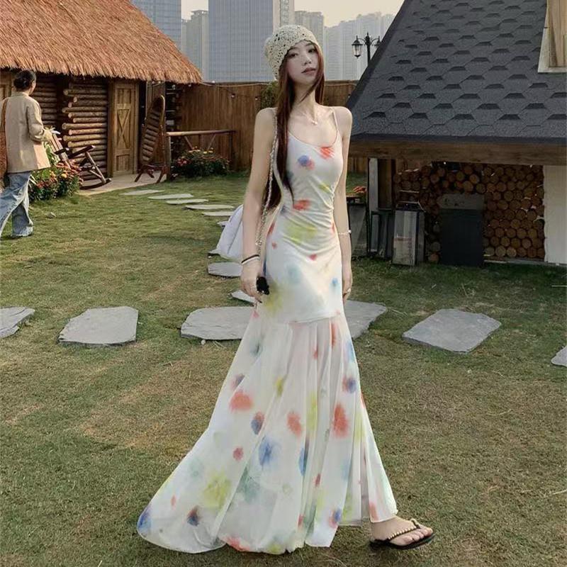 Seaside Vacation Feng Shui Color Suspender Dress Women's New Summer Small Long Pendulum Fishtail Dress