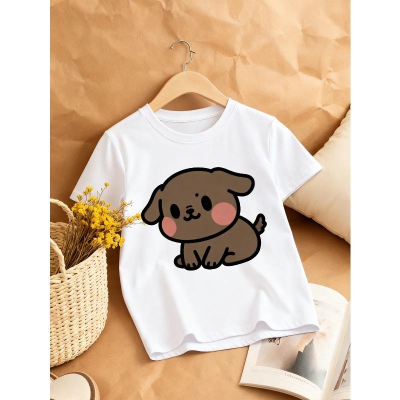 European sizes Brown Puppy Soft Cute Print Girls' Round Neck T-Shirt Casual Style Healing Top Ideal for Pet Lovers
