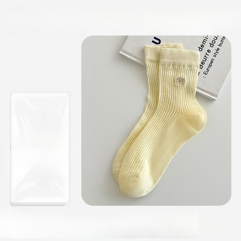 

Женские летние тонкие носки-гольфы с бантом, дышащие, студенческие 1 pair светло-желтого