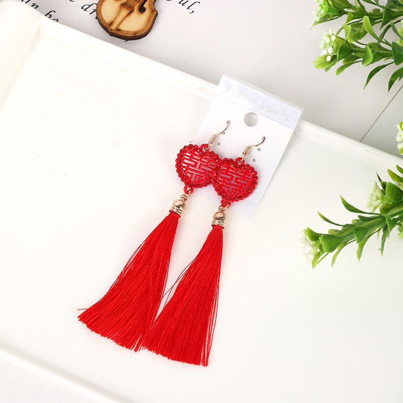 Chinese Hanfu Accessories: Retro Long Red Tassel Earrings for Weddings