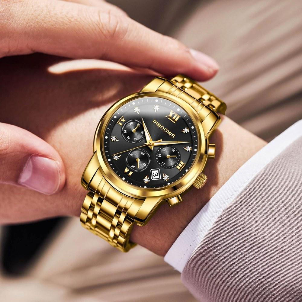 PINDOWS Men's Analog Quartz Watch with Day Date Display Stainless Steel Band Daily Water Resistance