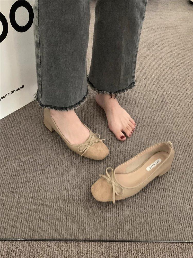 Evening gentle bow single shoes commuter black flats autumn and autumn French women's shoes with skirt high heels