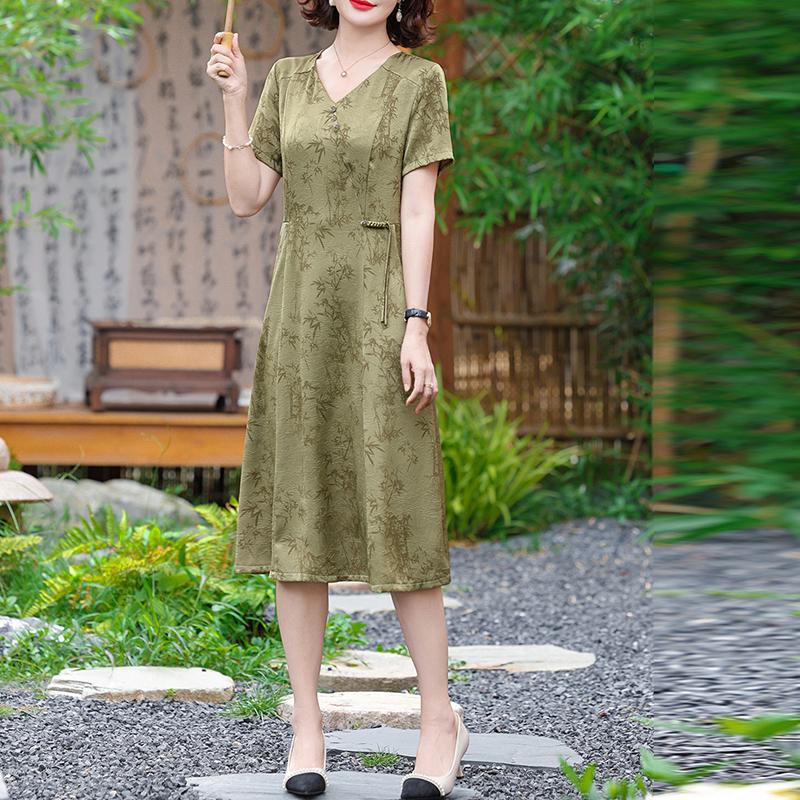 Summer Dress Women Plus Size Short Sleeve Vintage Long Dress Casual Middle-aged Women's Clothing