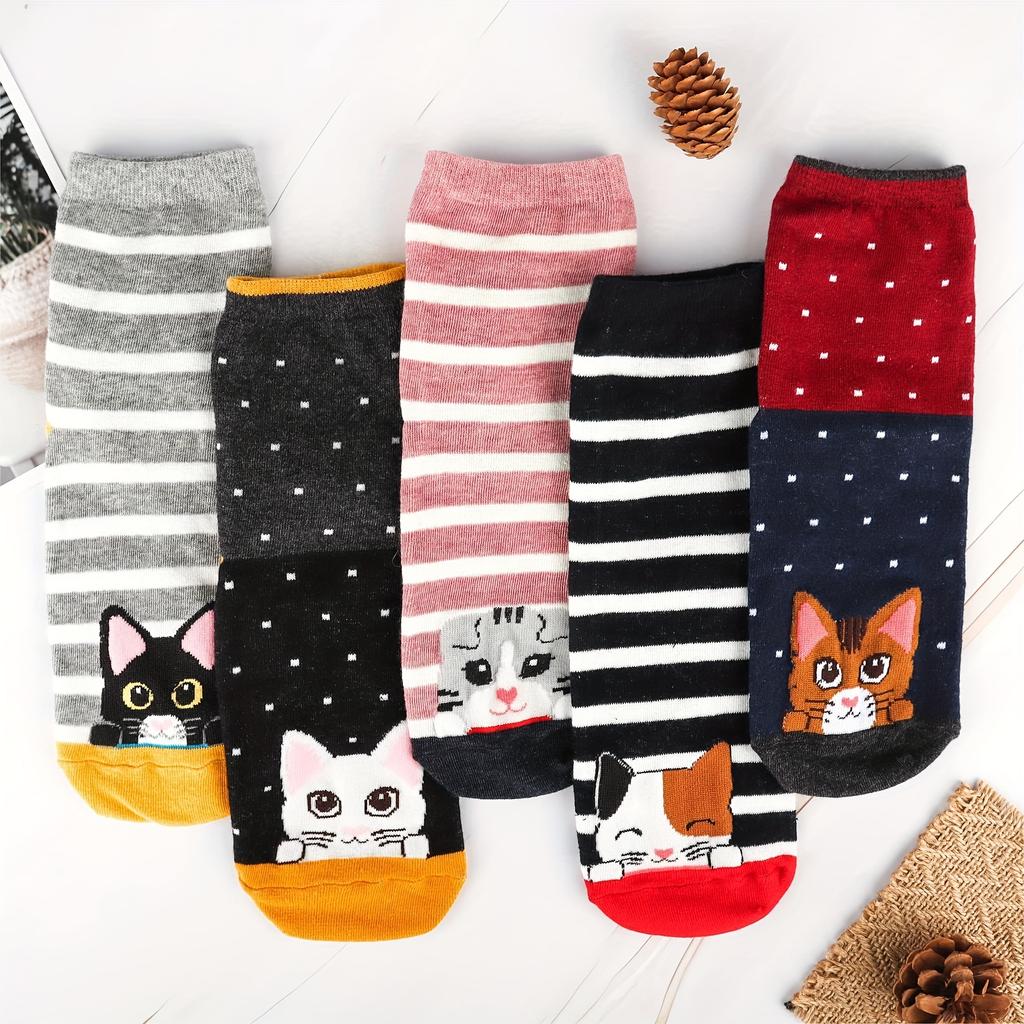 5 Pairs Of Cartoon Cat Funny Socks, Cozy Novelty Socks, Casual Mid Tube Socks For Women Girls Gifts