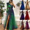 Damen Ein-Schulter Blumen Abendkleid mit transparenten langen Ärmeln, Elegantes formelles Kleid mit hohem Schlitz