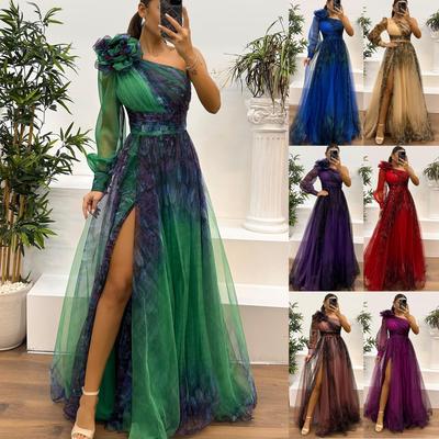 Damen Ein-Schulter Blumen Abendkleid mit transparenten langen Ärmeln, Elegantes formelles Kleid mit hohem Schlitz
