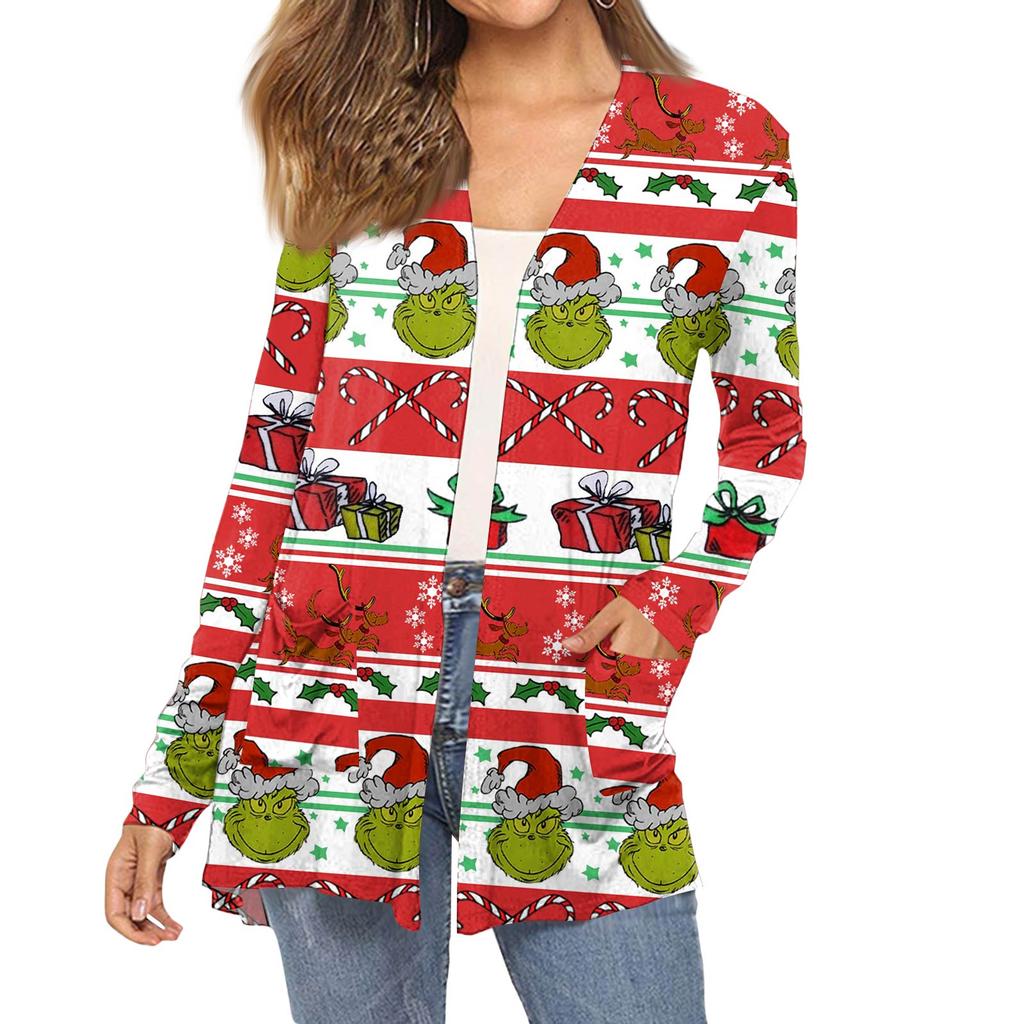 Dámský módní vánoční potisk dlouhý rukáv kapsy slim fit kardigan kabát