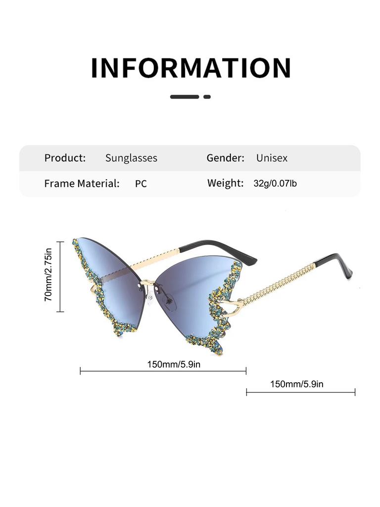 Butterfly Randlose Mode Sonnenbrille für Damen Herren Bling Strass Farbverlauf Dekorative Brille für Kostümparty