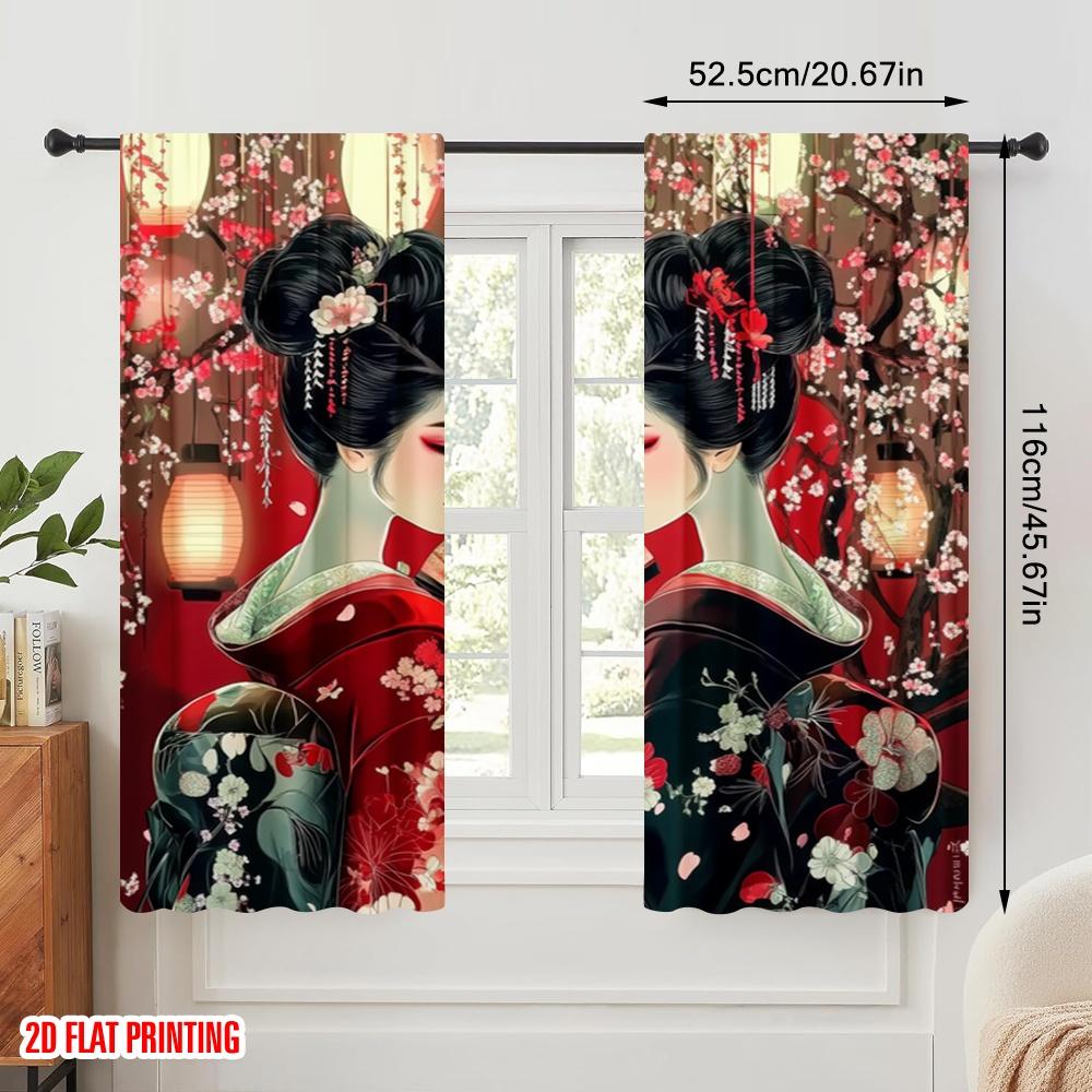 2pcs,2D plane printing Popular Curtains Geisha Sakura Scene Versatile 100% Polyester (without rod) Outdoor Decorations Perfect