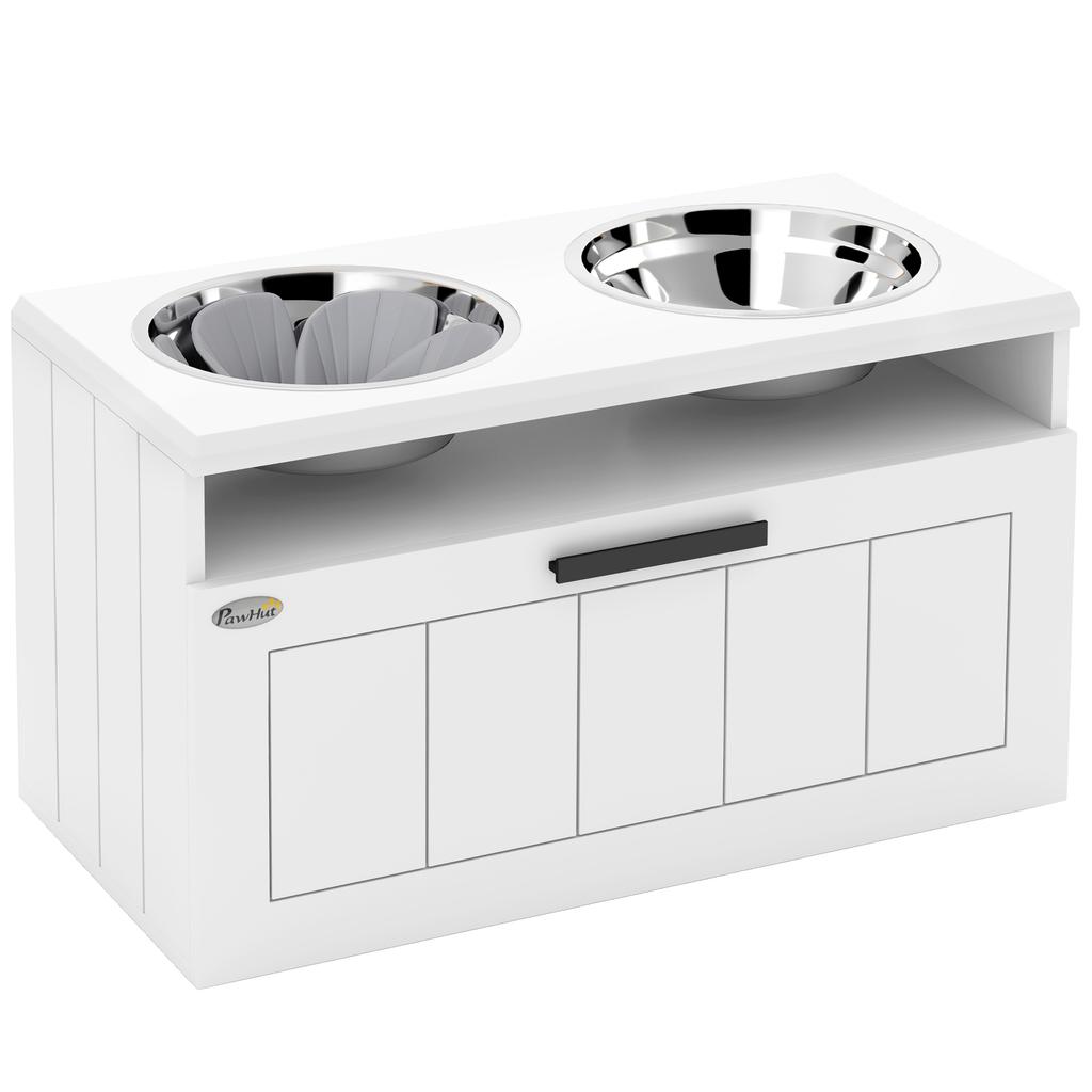 Raised Dog Bowl with Slow Feeder, Two Stainless Steel Dog Bowls, Drawer, for Large and Extra Large Dogs, White