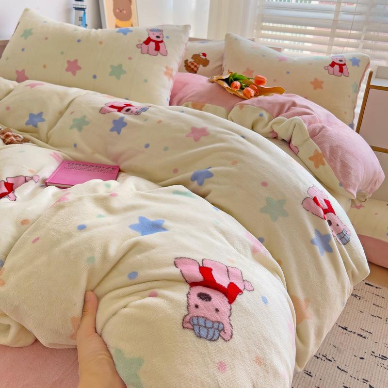 Thickened Milk Fleece Four-Piece Set, Milk Fleece Coral Fleece Bed Sheet Quilt Cover Double-Sided Flannel Bed Three-Piece Set