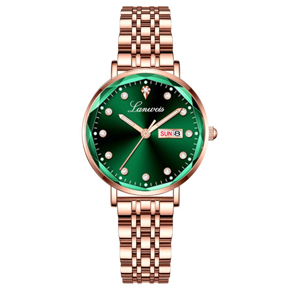 Origineel Dames Stalen Band Horloge met Vlinder Sluiting, Dubbele Datum, Lichtgevend, Waterdicht, Elegante Nieuwe Stijl.