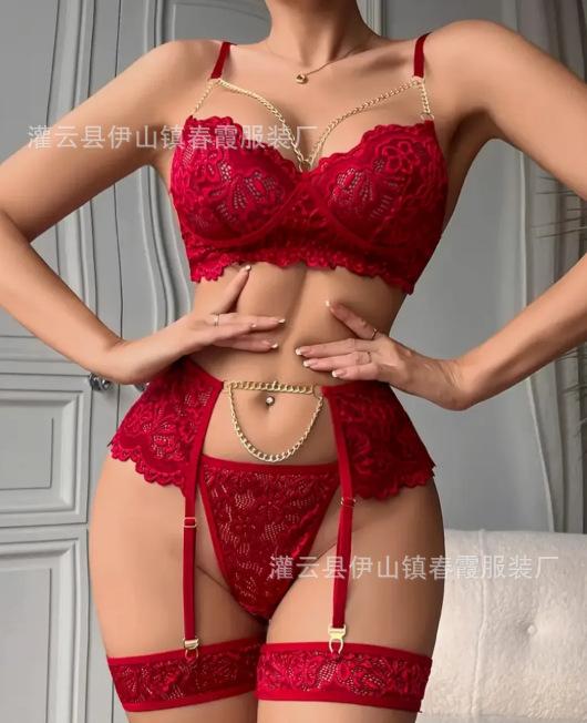 2026 новый красивый сексуальный женский кружевной комплект нижнего белья из трех предметов фабрика S красный