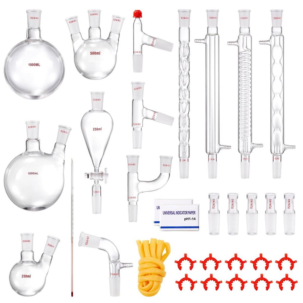 Lab Distillation Kit, 3.3 Boro Lab Glassware Distillation Kit with 24, 40 Joint, 1000ml Essential Oil Distillation Apparatus Kit, 32 pcs Set of