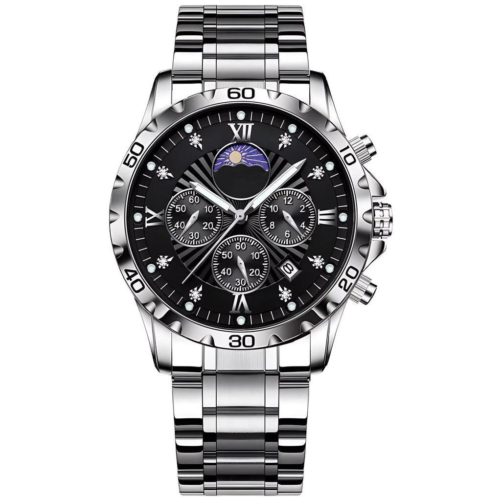 Men's Quartz Watch with Subdials Analog Wristwatch with Date-Display Waterproof Luminous Chronograph Dress Watches Stainless Steel Band