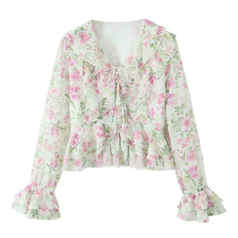 Kaslead New Arrival Women's Clothing Fashion Style Fashion Floral Flounce Short Long Sleeves Tops Skirt Suit