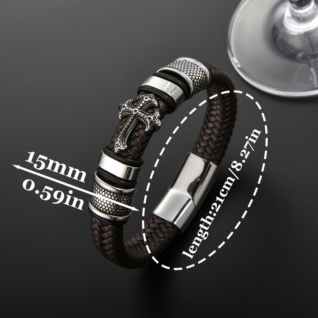1Bohemian faux leather men's bracelet Vintage Stainless Steel Engraved Cross Holiday Bracelet Unique religious faith bracelet Fashion Jewelry