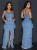 Trendy Sexy Denim Set: Zipper Spaghetti Strap Top & Split Long Skirt with Pockets
