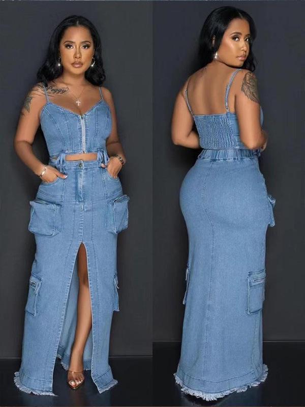 Trendy Sexy Denim Set: Zipper Spaghetti Strap Top & Split Long Skirt with Pockets