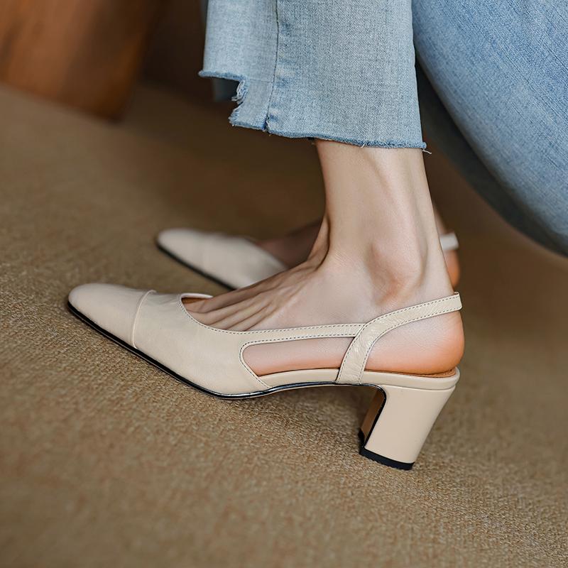 Fashion NEW Summer Women Sandals Genuine Leather Shoes for Women Cover Toe Slingback Shoes Narrow Band Square Toe High Heel Women Shoes