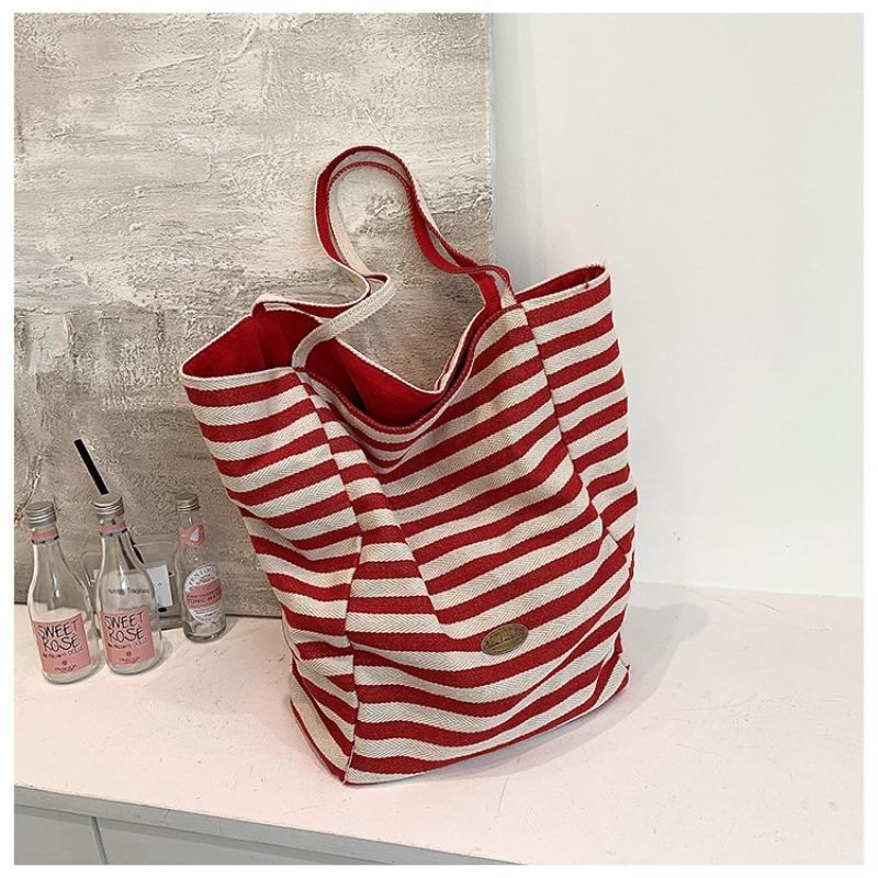Niche High-value Double-sided Striped Canvas Bag, New Large-capacity Casual Versatile Commuter Shoulder Tote Bag