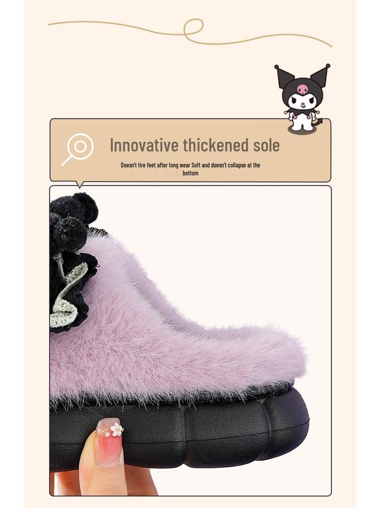 Sanrio Winter Furry Cotton Slippers for Girls – Warm Indoor Cartoon Shoes with Thick Soles, available in Parent-Child Sizes.