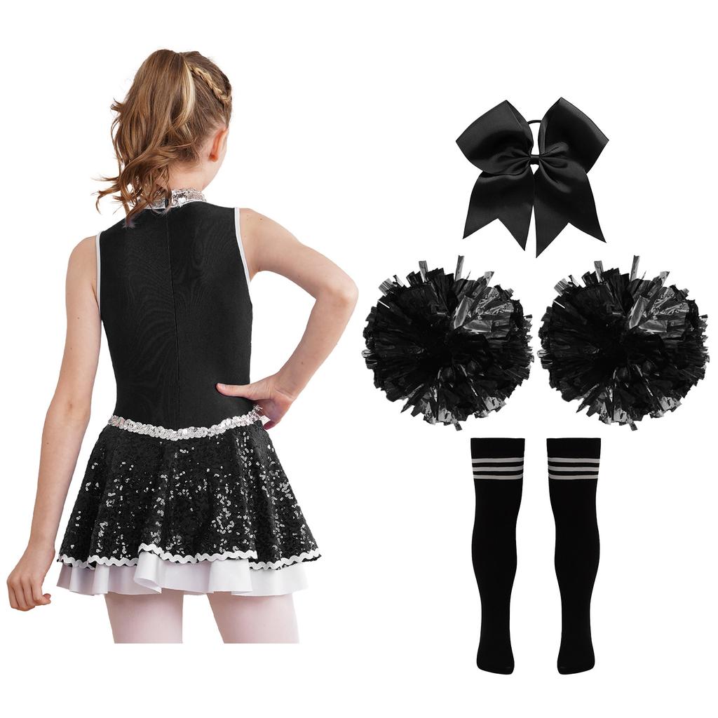 Girls Cheerleading Dance Dress Shiny Sequins Patchwork Invisible Zipper Back with Bow and Socks