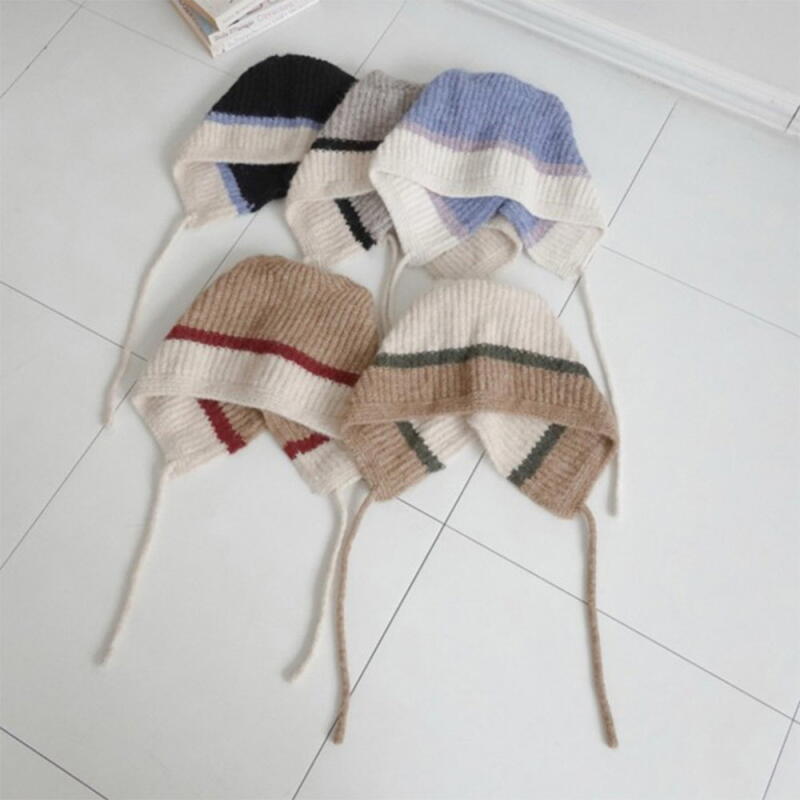 Women s Color Block Hooded Wool Knit String Balaclava Cap black