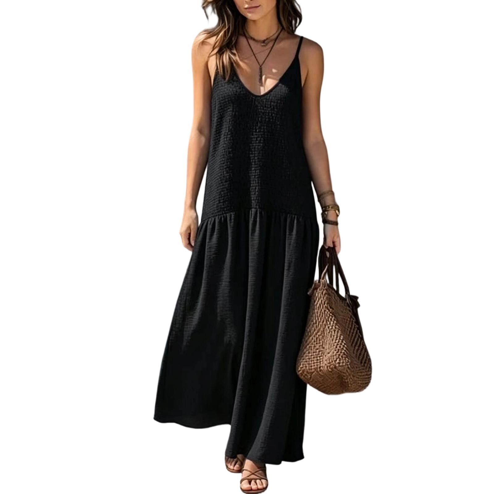 Women Vintage Bohemian Style Backless Ruched Design Spaghetti Strap Long Dress Vacation Beach Maxi Dress L чёрный