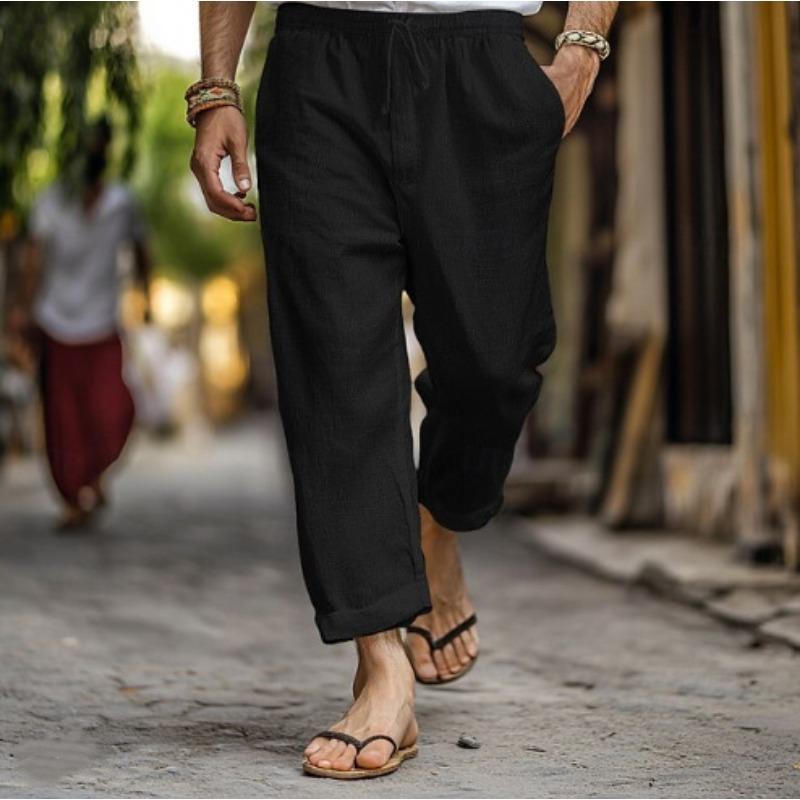 Mens Casual Solid Color Drawstring Waist Linen Straight Long Pants With Pockets