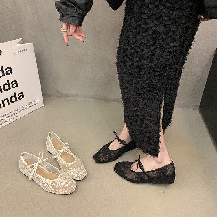 Mary Jane Shoes 2025 Single Shoes Women's Shoes Mesh Fairy Shallow Mouth Inner Height Increase Spring Breathable Bow New