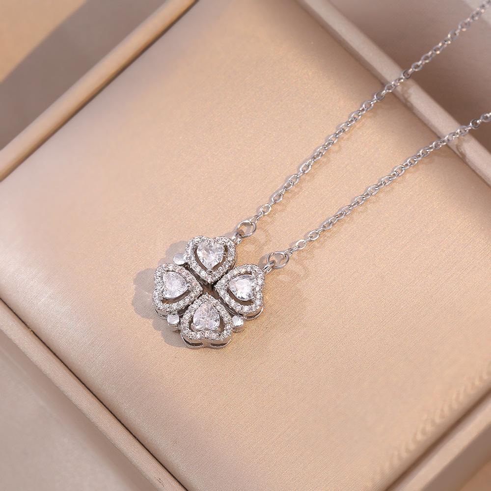 1pc Heart Shaped Four Leaf Clover Pendant Necklace Jewelry Zircon Women Love Clavicle Chain Gifts Openable ChokerJewelry