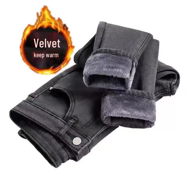 Women's High Waist Slim Fit Gray Cotton Plush Jeans for Autumn/Winter