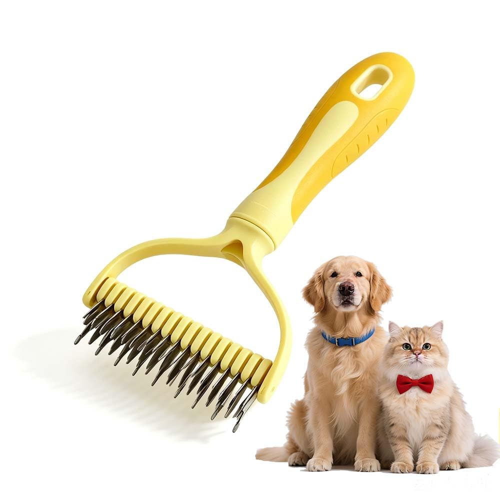 Pet Pro Grooming Tool, Pet Grooming Rake Double Sided Shedding Deshedding Brush for Dogs Cats, Undercoat Rake Dematting Comb