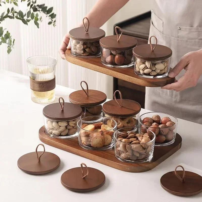 Japanese Dried Fruit Plate Glass Storage Bottle with Wooden Tray Lid Nut Fruit Snack Compartment Tray Household Snack Tray